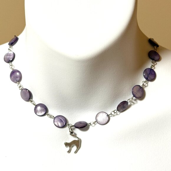 Purple Mother of Pearl Beaded Short Necklace + Cute Slim Cat Pendant - Picture 2 of 13
